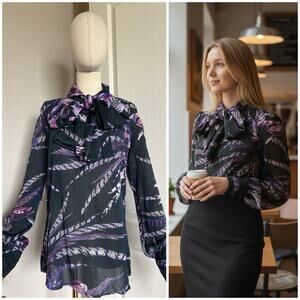 Just Cavalli Navy Blue Purple Feather Printed Silk Neck-Tie Blouse Top Sz 42 US8